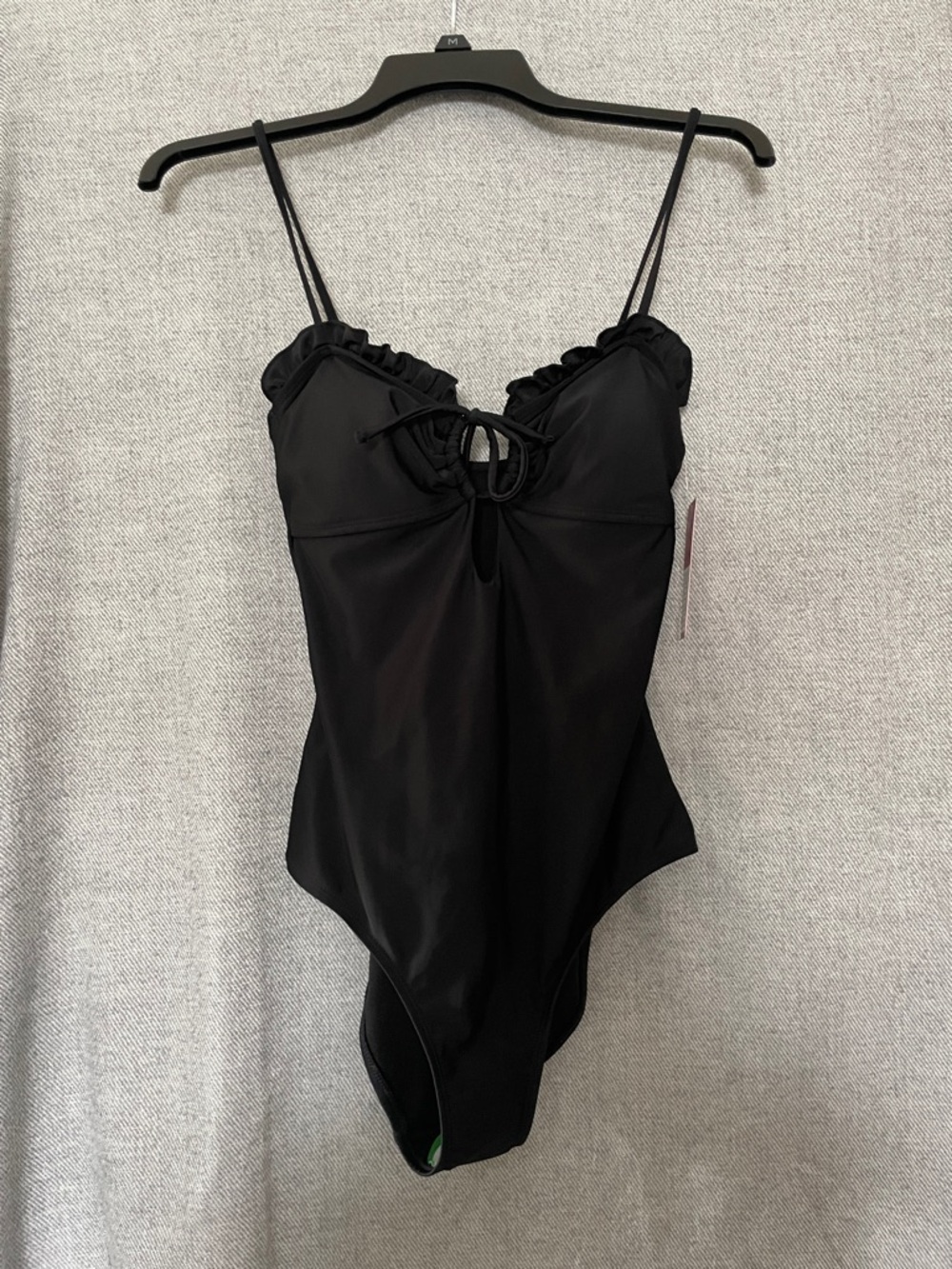 Ninety-Nine - Ruffle-Trim Black One-Piece Swimsuit with Front Tie Detail